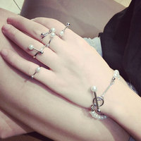 韩国饰品明星制作人同款珍珠个性手镯简约5件套开口戒指环套装女