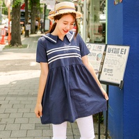 韩国代购 大码女装 2016夏装新款 可爱休闲海军领宽松短袖连衣裙