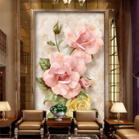 欧式3D竖版壁画玄关过道走廊立体浮雕壁纸背景墙纸浮雕玫瑰花背景