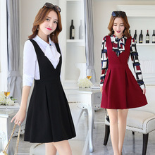 品牌秋装新款韩版中长款时尚背带A字连衣裙雪纺衬衣两件套女学生