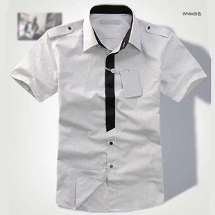 包邮男士短袖衬衫 时尚夏季新款韩版修身特色假领带条纹衬衣潮男