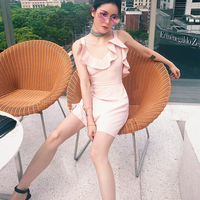 MOMOKOS 2017春夏新款高贵名媛风美到天际裸粉色荷叶边修身连衣裙