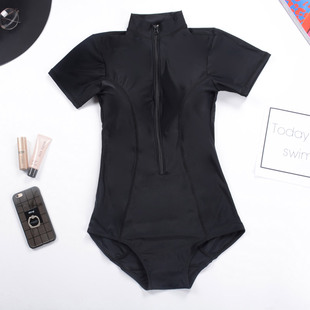 韩版新款显瘦黑色短袖前开拉链性感连体泳衣女保守遮肚泡温泉泳装