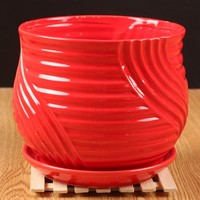 大红色陶瓷花盆带托盘特大号个性创意桌面简约花盆栽批发免邮
