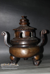 老铜器香炉 纯紫铜掐丝熏香炉 三足双耳塔炉 摆件 老铜炉 香具乆