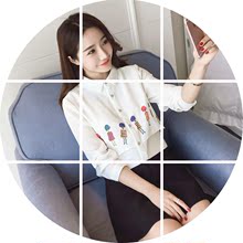 2016秋装新款韩版修身polo领小人印花纯色长袖雪纺衫衬衣女 潮