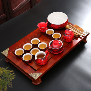 包邮中国红红釉瓷器茶具套装14头蓝滕花新婚庆礼物用品喜事chaju