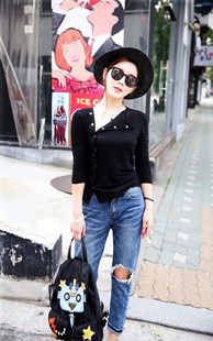 【和田家】2016秋装新款女装韩国进口纽扣七分袖黑色修身T恤