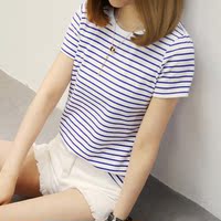 夏季韩版宽松条纹短袖T恤衫女可搭配阔腿背带牛仔裤短裙子的上衣