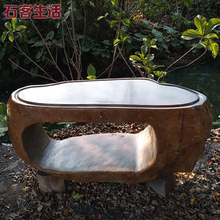 自然石头雕刻户外原石休息桌椅茶台花园石桌耐用方便清洗天然石台