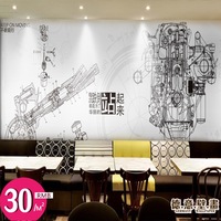 手绘汽车机械零件墙纸3D复古背景壁画酒吧咖啡奶茶店工业风壁纸