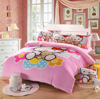 水晶法兰绒粉色抱熊凯特KT猫四件套儿童卡通床单床笠宝宝床品包邮