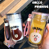 日韩可爱布朗熊可妮兔玻璃杯学生便携双层隔热提手随手情侣水杯子