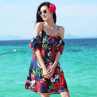 夏波西米亚巴厘岛沙滩裙显瘦一字肩连衣裙海边度假裙短裙吊带裙女
