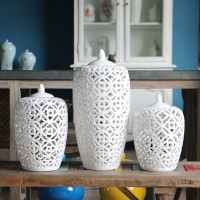 白色镂空陶瓷冬瓜罐 欧式软装装饰品设计师样板房室内摆设