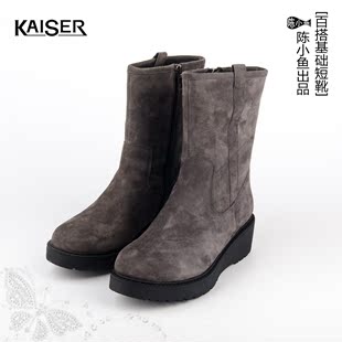 凯撒Kaiser陈小鱼中筒女靴牛反绒厚底纯色橡胶底时尚潮流秋冬新款