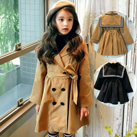 韩国秋冬新款女童海军领风衣中长款纯棉双排扣学院风纯色收腰外套