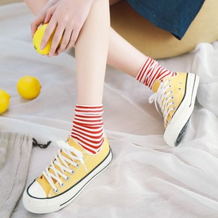 秋季条纹袜子女韩国条纹糖果色纯棉中筒袜冬季堆堆袜运动原宿长袜