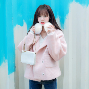 韩国东大门冬装浅粉色羊毛呢大衣女 大码短款夹棉加厚学生呢外套