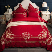 美式全棉新婚庆床品四件套1.8m床欧式大红色结婚床上用品纯棉刺绣