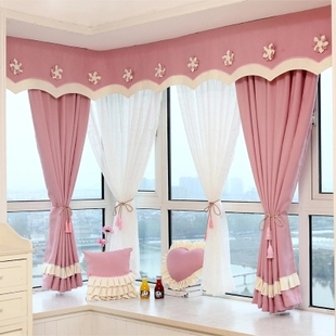 棉麻拼接粉色窗帘女孩公主儿童房飘窗卧室客厅遮光落地窗成品定制
