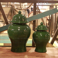 大号小号景德镇单色釉军绿陶瓷花瓶将军罐现代中式家居摆件储物罐