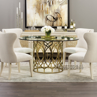 新品古典圆形玻璃餐台欧式拉丝黄铜不锈钢圆桌子小户型饭桌洽谈桌