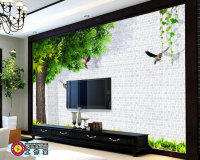 无缝定制大型墙纸壁画3D立体绿色大树枫叶小鸟电视客厅沙发背景墙