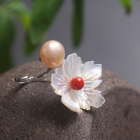 意大利手工设计 天然珍珠母贝花朵时尚可调节戒指指环