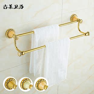 欧式全铜天然玉石毛巾架美式仿古浴室五金挂件套装金色双杆毛巾杆