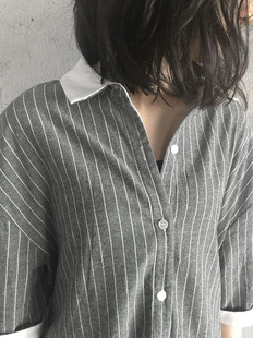 2016新款细条纹棉麻绉布休闲文艺七分袖长衬衫女装