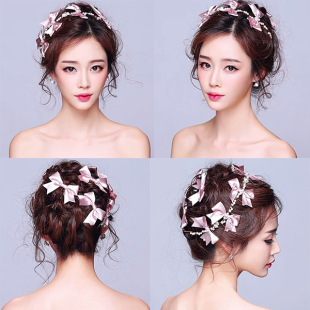 韩式蝴蝶结头饰五件套装新款粉色珍珠缎带手工减龄可爱头饰品包邮
