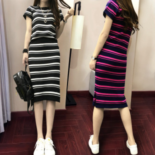 【天天特价】韩版夏季条纹包臀针织套装裙子名媛气质时尚两件套