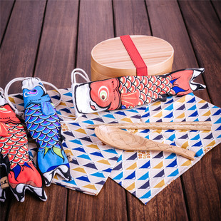鲤鱼龙门学生用便当饭盒轻巧木质年年有鱼环保勺筷子布袋三件套装