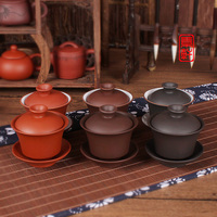 促销古代中式大小号宜兴紫砂红黑色盖碗盖子三才碗敬茶杯功夫茶具