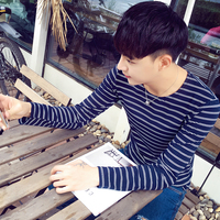 秋季男士韩版圆领条纹长袖t恤学生青少年日系修身体恤打底衫潮流