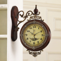 金属实木双面欧式挂钟复古静音大号石英钟表美式客厅创意时钟包邮