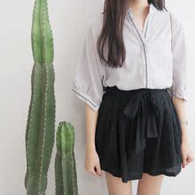 TABEESTYLE2016新款韩国东大门韩版V领织带拼接衬衫夏款中袖衬