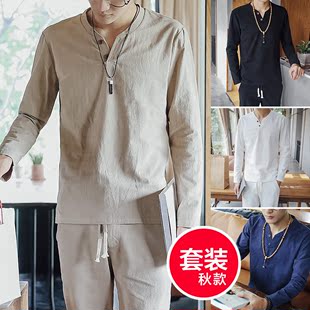 阿卡芙亚麻男士T恤长袖棉麻套装秋夏季polo衫中国风长T雪洲豹男装
