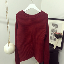 【13C】2016秋冬女装不规则拼接长袖上衣 酒红色套头毛衣