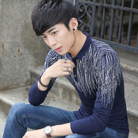 秋季韩版T恤男士长袖带领翻领男装潮流个性印花纯棉修身POLO小衫