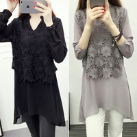 2016秋季韩版新款加大码胖妹妹长袖打底蕾丝显瘦中长款雪纺连衣裙