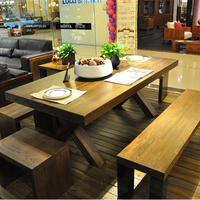 实木餐桌6人长方形餐厅饭桌美式复古长条桌做旧简约原木餐桌长桌