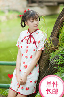 【天天特价】樱桃草莓兔印花中华风旗袍改良短款修身中式复古裙
