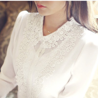 春季新款韩版女式刺绣绣花娃娃领长袖白色衬衫 镂空蕾丝雪纺衫女