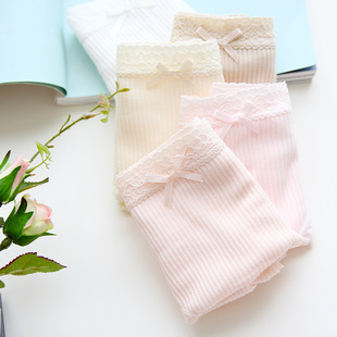 【两条包邮】出口日本100%棉日系纯色蝴蝶结蕾丝中腰内裤