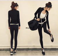 韩国时尚休闲运动套装修身两件套长袖针织黑色卫衣白条裤子女装潮