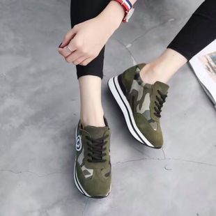 2016秋季新款韩版时尚迷彩隐形内增高运动鞋女真皮休闲旅游鞋单鞋