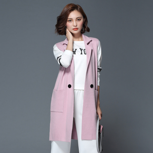六叶子 2016韩版女装中长款针织衫开衫宽松背心马甲口袋毛衣外套