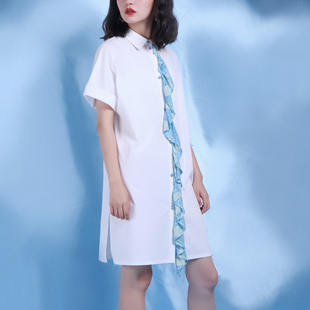 CING STUDIO原创 独立设计师品牌女装 蕾丝荷叶边短袖衬衫 连衣裙